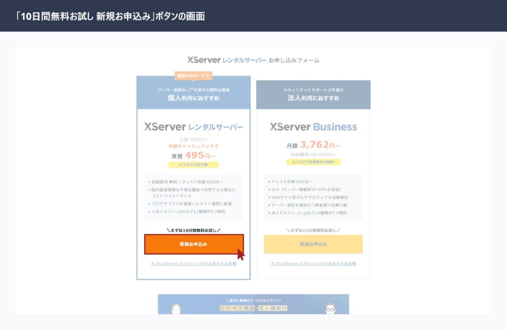 エックスサーバーの申し込みタイプ選択画面（「10日間無料お試し 新規お申込み」ボタン）