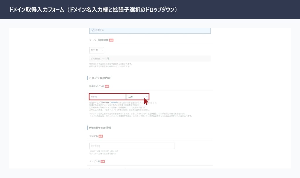 エックスサーバーの独自ドメイン取得入力フォーム（ドメイン名入力欄と拡張子選択のドロップダウン）